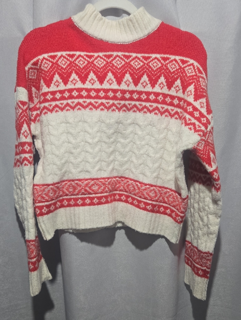 Cozy Red & Cream Fair Isle Cable-Knit Sweater